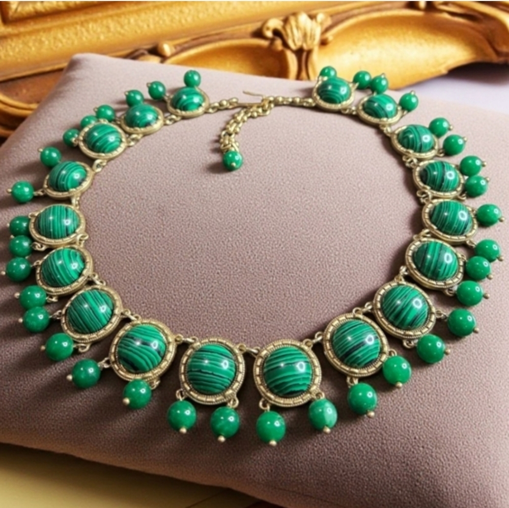 Oversized Gold Malachite Cabochon Dangle Statement Necklace